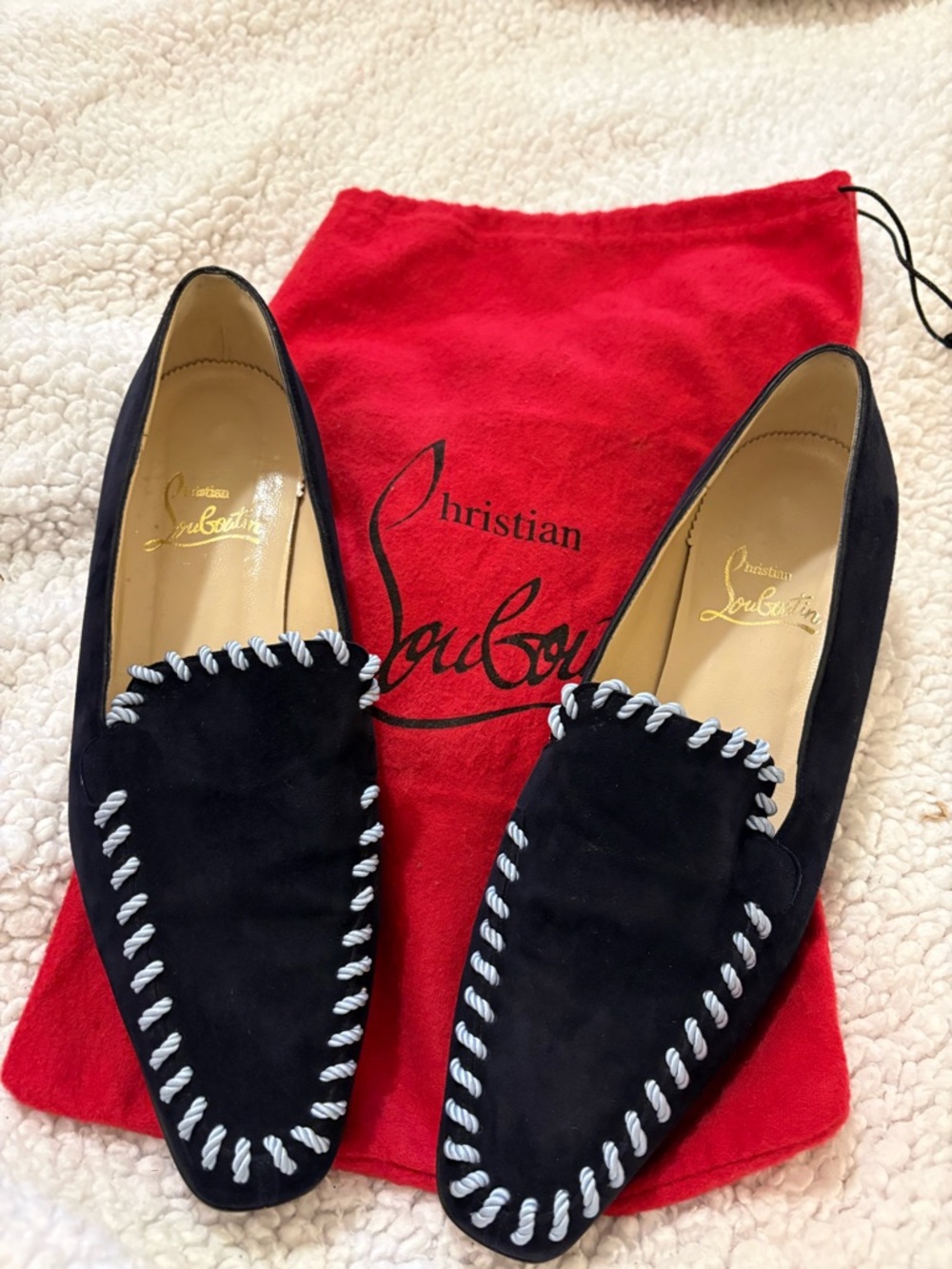 Christian Louboutin Black Suede Whipstitch Flats Size 39 Designer Luxury
